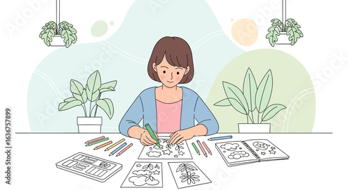 Young Woman Engaged In Relaxing Coloring Activity At Home Studio Environment