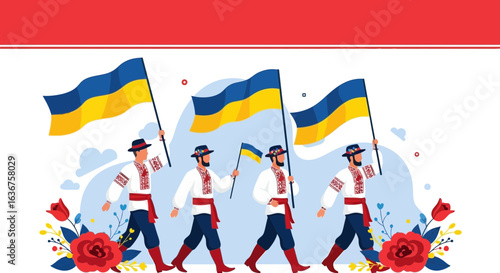 Ukrainian Folk Marching with Flags: Independence Day Celebration Illustration