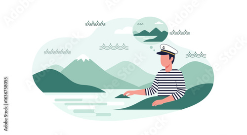 Sea Captain Contemplating His Next Voyage Against a Backdrop of Misty Mountains