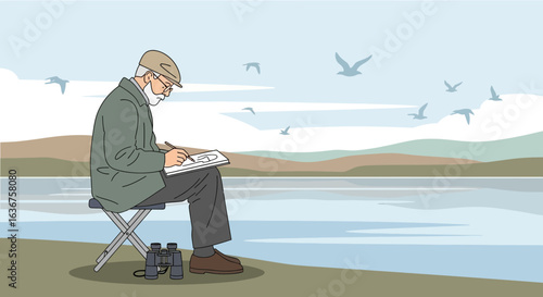 Senior Artist Captures Nature's Beauty Birdwatching Drawing Near Tranquil Lake