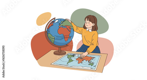 Young woman learning geography with a globe and a map, exploring world cultures, student learning at home concept showing happy student studying