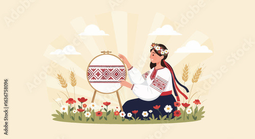 Ukrainian woman embroidering traditional ornament, celebrating heritage in nature