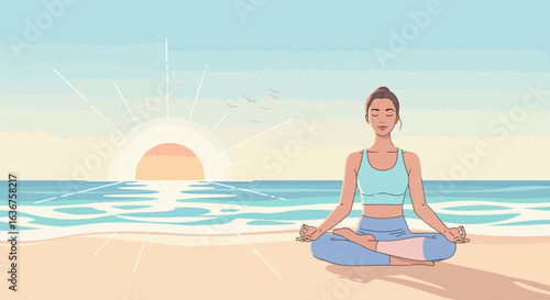 Serene beachside yoga illustration featuring a woman in lotus position at sunrise
