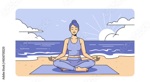 Serene beachside yoga: Woman meditates at sunrise for wellness and mindfulness