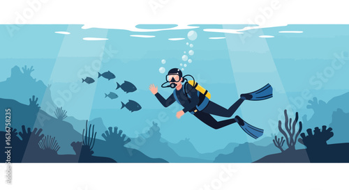 Underwater Adventure Scuba Diver With Fishes In Ocean Environment Illustration