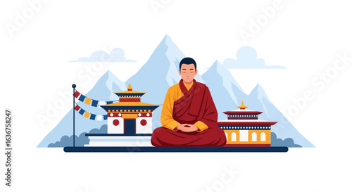 Serene Buddhist Monk Meditating in the Mountains with Traditional Bhutanese Architecture
