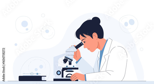 Young Woman Scientist Using Microscope In Laboratory For Medical Research