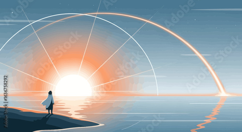 Serene coastal scene with a solitary figure gazing at the celestial sunrise vector