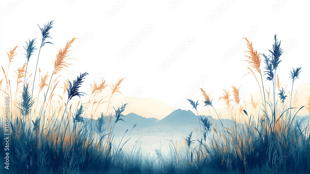 Obraz premium Tall grasses sway gently in the misty dawn, silhouetted against distant mountains.