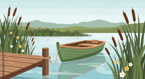 Serene lake landscape with a wooden boat, dock, and reeds, capturing the tranquility of nature in vector illustration