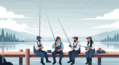 Serene lakeside fishing scene featuring a group of anglers enjoying a peaceful day