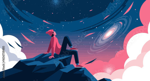 Vector art depicting a person contemplating the cosmic beauty of the universe above an inspiring and dreamy scenic view