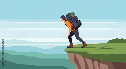 Vector illustration of a man hiker with a backpack standing on a cliff edge watching the nature scenery landscape vector illustration