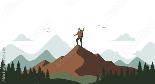 Vector illustration of a mountain climber reaching the summit with a beautiful landscape symbolizing adventure and accomplishment