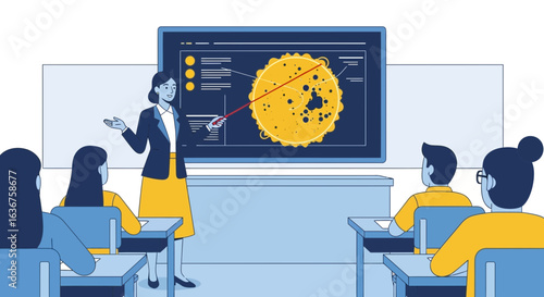 Vector illustration of a teacher giving a lesson to students in a classroom setting about the structure of a cell