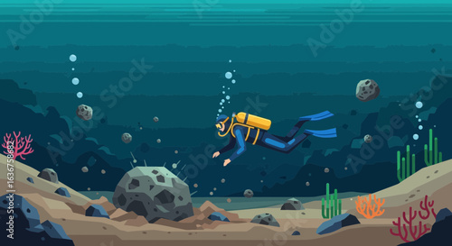 Vector illustration of a scuba diver exploring the depths of the ocean floor with corals