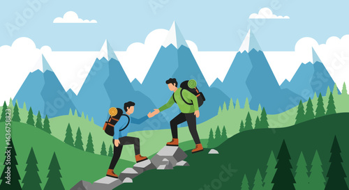 Vector illustration of two hikers helping each other to climb a mountain summit, achieving success together in a beautiful nature landscape