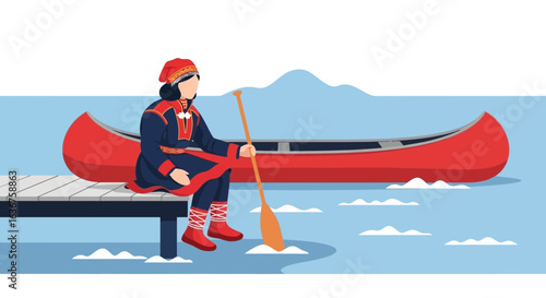 Vector illustration showing a Sami woman resting by a lake with canoe in background