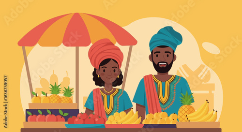 Vibrant African Fruit Market Vendors Couple Selling Fresh Local Produce