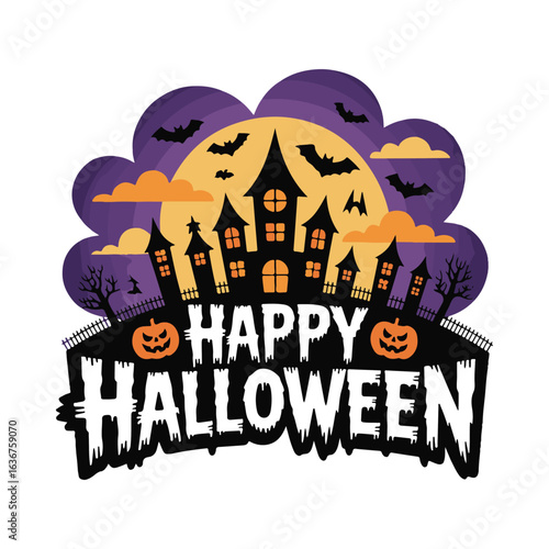 Happy Halloween with haunted houses, bats, and full moon spooky scary