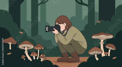 Woman Takes Pictures Of Fungi In The Forest, Nature Photography Concept