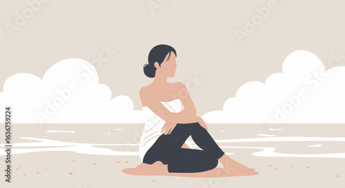 Serene Woman Contemplating the Seaside: A Minimalist Beach Illustration Art