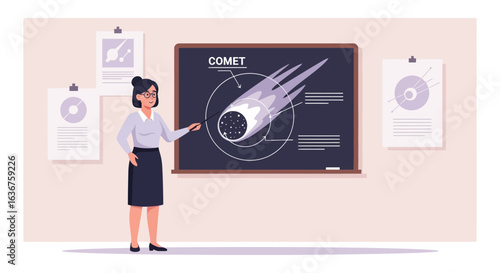 Woman Teacher Explaining About The Comet With A Blackboard In The Classroom