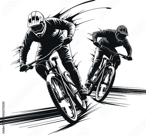 Extreme mountain biking duo racing downhill, thrilling outdoor adventure sport, high-speed cycling action, rugged terrain challenge, adrenaline-fueled competitive ride