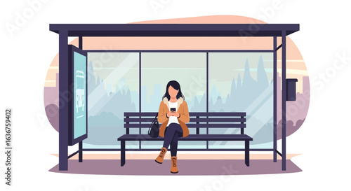 Woman waiting for public transport using smartphone at the bus stop station with city background vector illustration
