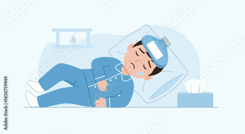Sick child with a cold lying in bed with ice pack and holding his stomach unwell