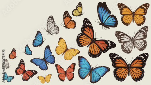 Assortment of Colorful Butterflies Including Monarchs and Blue Morphos on a Light Background butterfly
