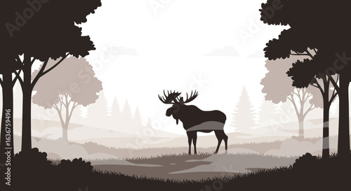 Silhouette Illustration Of Majestic Moose In Natural Forest Environment Scene