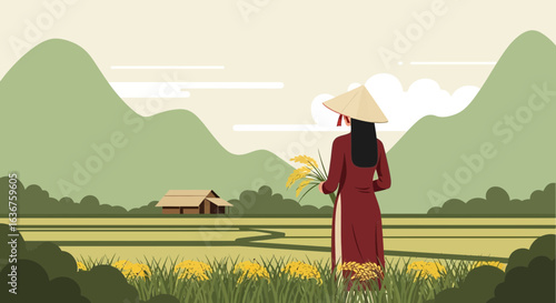Vietnamese Woman Harvesting Rice Grains in a Scenic Landscape Illustration
