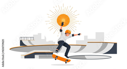 Skateboarder Midair Performance at Skatepark Under Bright Sunshine With Protection Gear