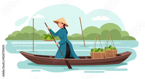 Vietnamese Woman Rowing Boat Selling Produce on Mekong River Delta Market
