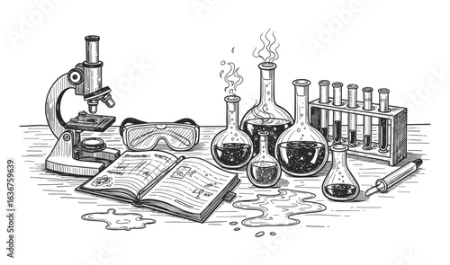 Vintage scientific laboratory equipment including a microscope open book flasks and test tubes arranged in a detailed sketch silhouette