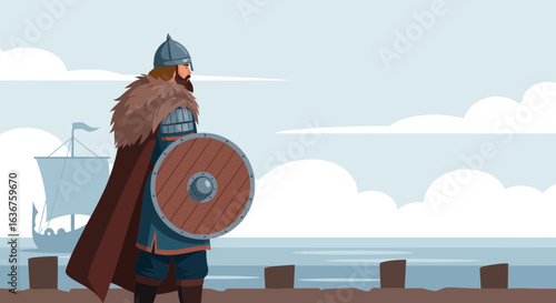 Viking warrior standing on the shore with a ship in the background Illustration