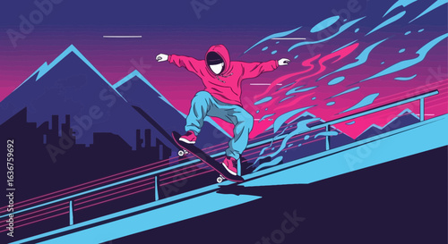 Skater Performing an Aerial Trick Against a Retrowave Inspired Cityscape Backdrop