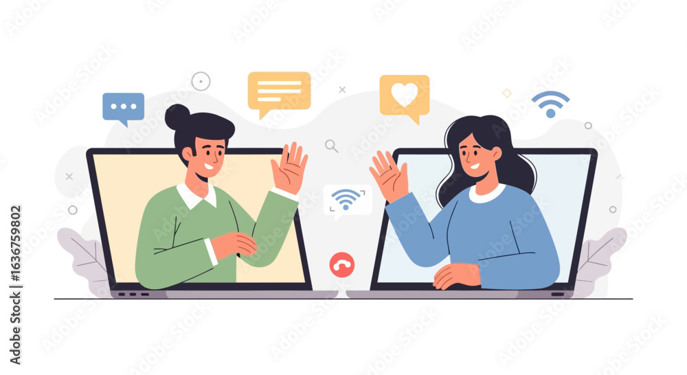 Virtual Connection Shows Couple Having Friendly Video Conference On Laptops Virtual Connection Shows Couple Having Friendly Video Conference On Laptops