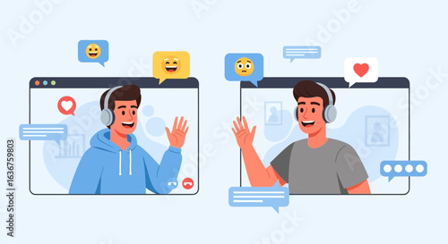 Virtual Communication Two Young Men Video Calling and Using Social Media