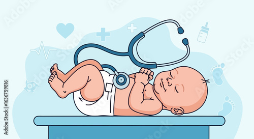 Sleeping Newborn Baby With Stethoscope Lying On Examination Table For Checkup