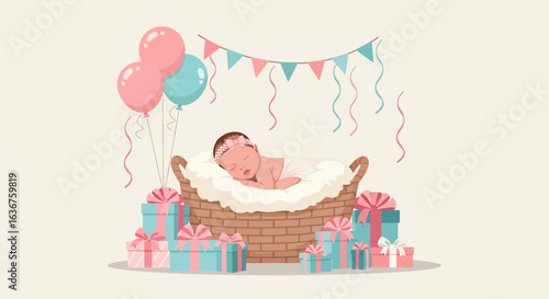 Sleeping Newborn Celebrating the Arrival Gifted Presents and Party Decorations