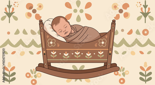 Sleeping Newborn In Vintage Wooden Cradle Surrounded By Folkloric Patterns