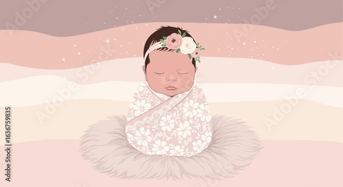 Sleeping Newborn Peacefully Swaddled In Floral Blanket With Pastel Tones Backdrop