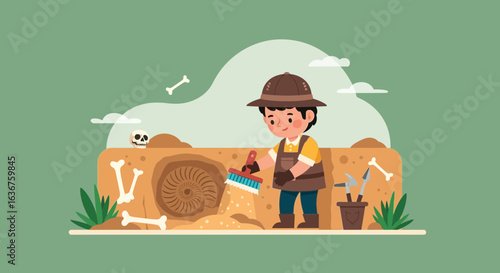 Young Archaeologist Discovering Fossils And Bones At An Excavation Site