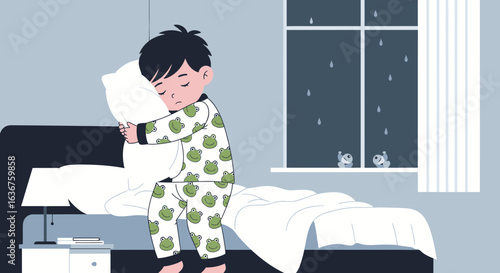 Sleepless night concept of a boy in pajamas unable to sleep hugging pillow vector illustration