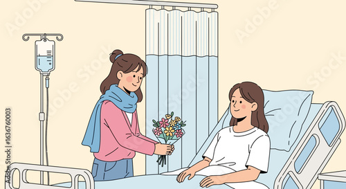 Visiting Friend In Hospital With Bouquet Of Flowers Offerring Support To The Recovery