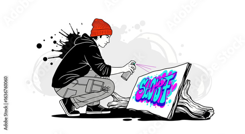 Young Artist Painting Graffiti Artwork With Spray On Board In Studio