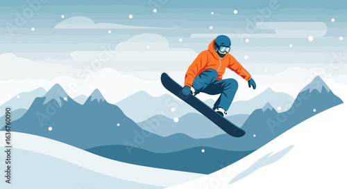 Snowboarder Performing Jump Trick Above Snowy Mountain Landscape During Winter Season