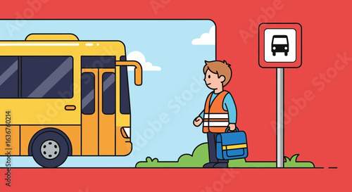 Waiting For The School Bus In The Morning Illustration And Transportation Safety Concept